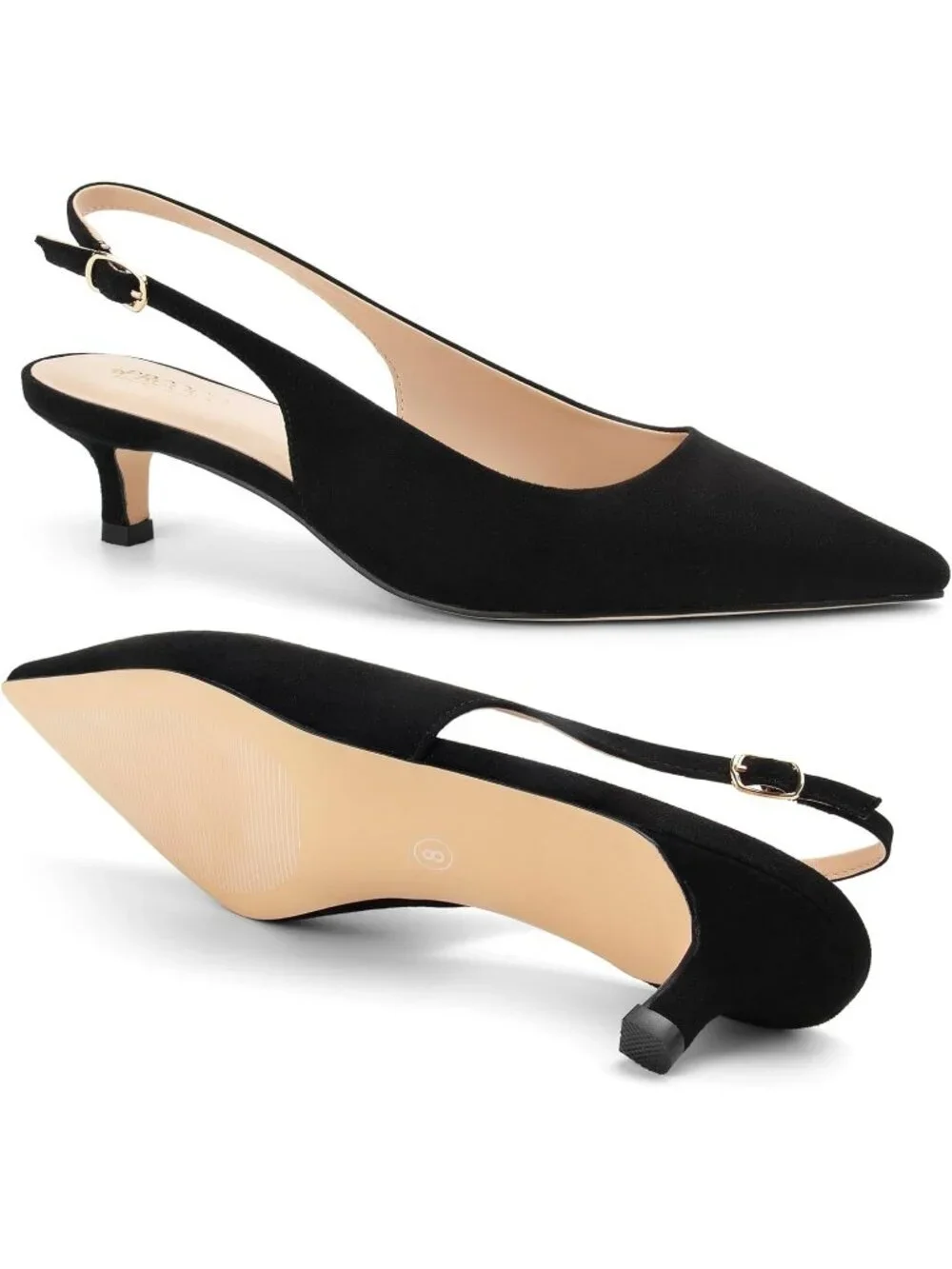 Women's Black Suede Kitten Heel Slingback Pointed Closed Toe Ankle Strap Shoes
